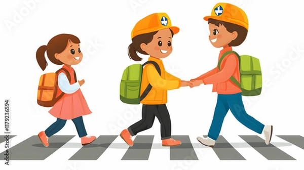 Fototapeta Three School Children Walking and Holding Hands Across a Crosswalk Illustration