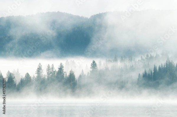 Fototapeta Heavy fog in the early morning on a mountain lake
Early morning on Yazevoe lake in Altai mountains, Kazakhstan 