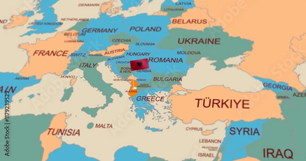 Fototapeta Geopolitical Map Highlighting Albania with Flag Marker and Surrounding Nations