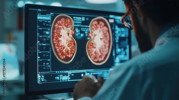 Fototapeta Doctor reviewing kidney scan on computer.