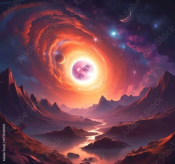 Fototapeta Illustration of outer planet with starry galaxy.