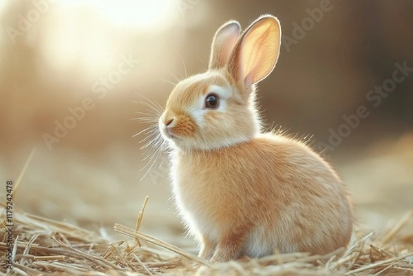 Fototapeta Fluffy rabbit resting on hay with detailed fur in a natural setting.