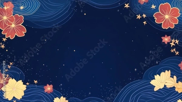 Fototapeta Navy blue background with red and yellow flowers, stars, and wavy lines; perfect for cards, invitations, or banners.