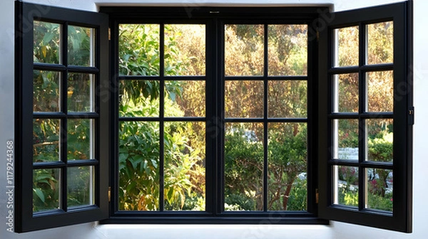 Obraz Open Black Window Frames Showcase Lush Green Garden View with Sunlight Beautifully.