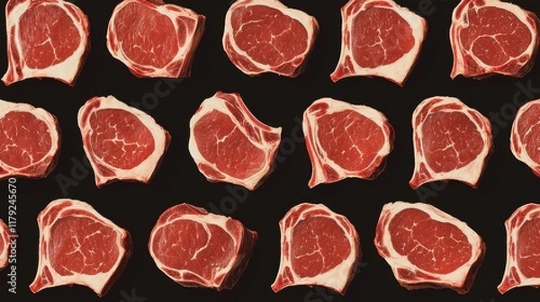 Obraz Raw beef steaks, overhead flat lay pattern on black background.