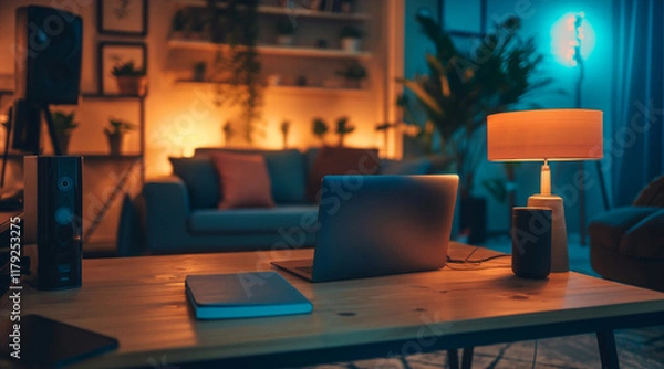 Fototapeta Modern Tech Workspace with Laptop and Smart Speaker in Cozy Home Setting