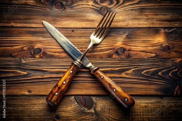 Obraz Aerial Drone Shot Vintage Cutlery Restaurant Logo, Elegant Branding, Overhead Food Photography, Rustic Design