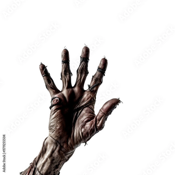 Fototapeta The Grip of Decay: A close-up shot of a decaying hand, its flesh withered and cracked, reaching out with a chilling sense of desperation. The image evokes a sense of dread and the fragility of life. 