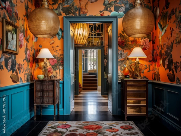 Fototapeta Maximalist bold and colorful hallway with colorful ornate wallpaper, statement lighting and teal wall panels