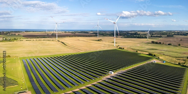 Fototapeta Wind and solar park turbine renewable energy power aerial view photo panorama at the Baltic Sea near Heiligenhafen, Germany