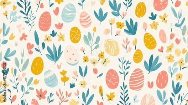 Fototapeta Vibrant easter background with colorful eggs and spring flowers for festive design.