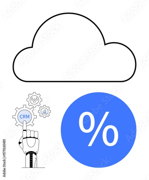 Fototapeta Cloud icon, robotic hand pointing to CRM gear, and percentage symbol for automation and efficiency. Ideal for technology, business, CRM, AI, automation cloud computing efficiency. Abstract line