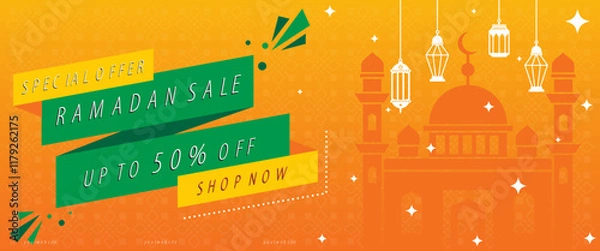 Fototapeta Creative concept of Ramadan Kareem Islamic banner sale template, promotion, header, web. Modern art design with pattern of beautiful Arabic ornament the backdrop of a bright big crescent moon and star