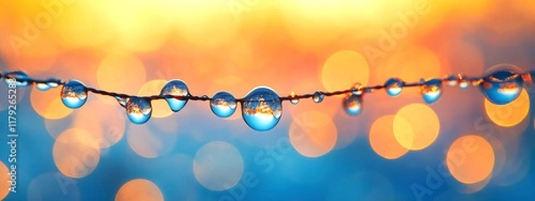 Fototapeta Water Droplets on a String with Bokeh Lights