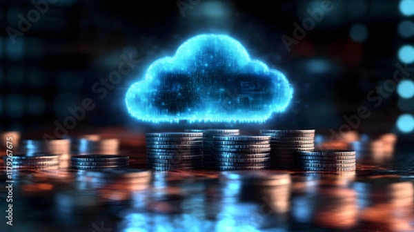 Fototapeta Digital Cloud Computing Storage Above Stacked Coins in Futuristic Background Illustrates Cloud Computing Investment.
