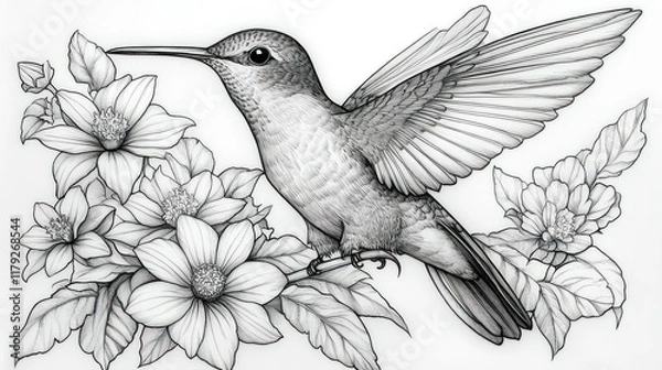 Fototapeta Monochrome hummingbird hovering near flowers.