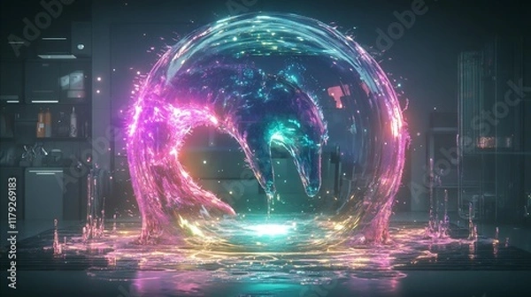 Obraz Vibrant Digital Painting: Futuristic Globe Mysteriously Glows in Dark Interior. AI Generated
