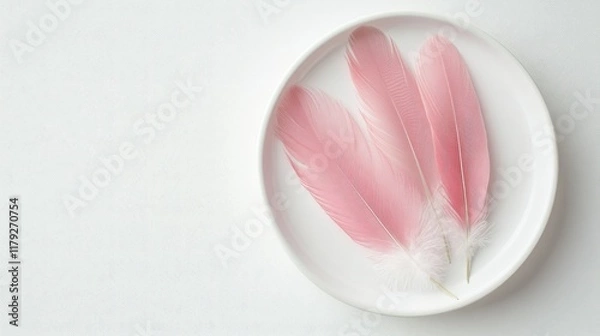 Fototapeta Three delicate pink feathers placed on a sleek white dish, symbolizing minimalism and light portions. Copy space included for text overlay.