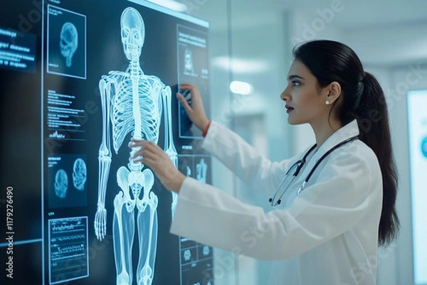 Fototapeta A woman is looking at a computer screen with a skeleton on it