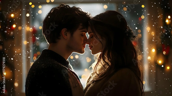 Fototapeta Romantic Couple Shares Intimate Moment Amidst Softly Falling Snow and Twinkling Lights of Festive Season.
