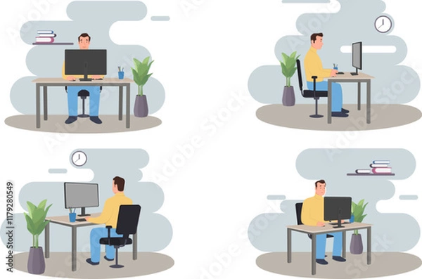 Fototapeta A Man working with a computer in different views. Vector illustration