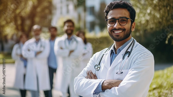 Fototapeta A group of doctors are standing together, one of them smiling