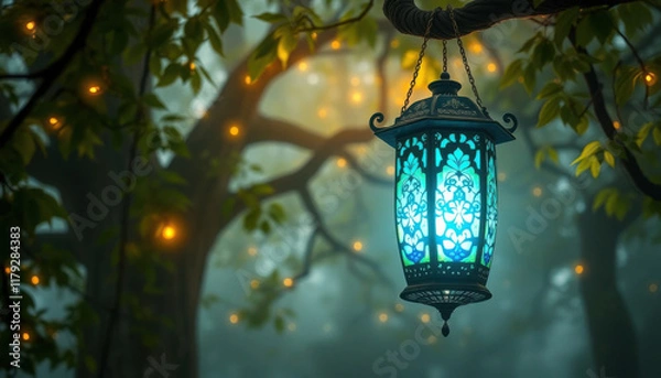 Fototapeta glowing turquoise lantern hanging peacefully in a misty forest with magical lights, dark background