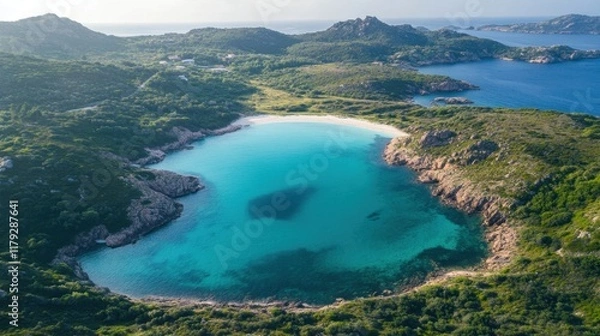 Fototapeta Serene Aerial View of a Turquoise Coastal Bay with Rocky Shores