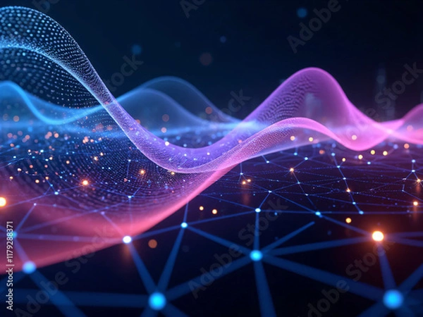 Obraz Smart city and abstract dot point connect with gradient line and aesthetic Intricate wave line design , big data connection technology concept