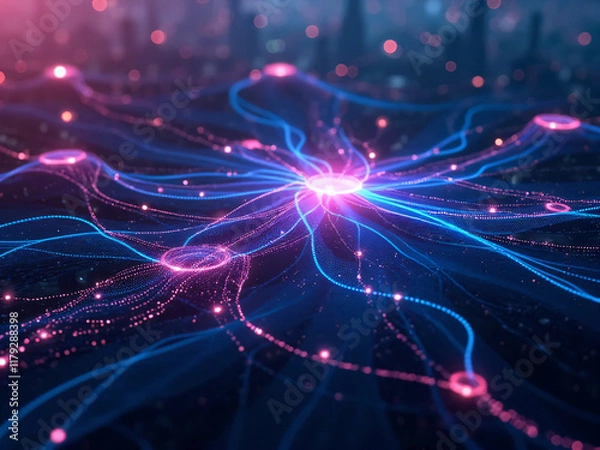 Obraz Smart city and abstract dot point connect with gradient line and aesthetic Intricate wave line design , big data connection technology concept