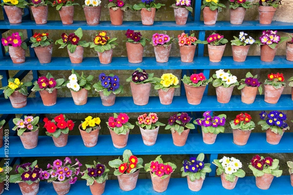 Obraz Rows of brightly coloured Polyanthus arranged as auricula theatre on blue shelving