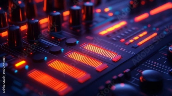 Fototapeta Neon audio equalizers and radial sound waves.