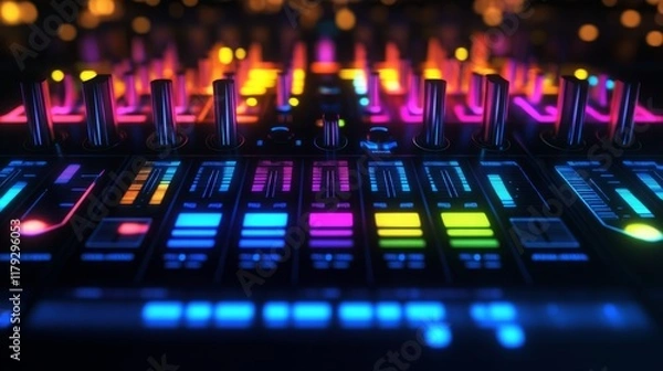 Fototapeta Neon audio equalizers and radial sound waves.
