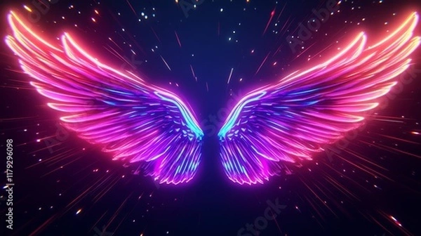 Fototapeta Neon light wings with rays and sparks