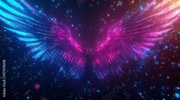 Fototapeta Neon light wings with rays and sparks