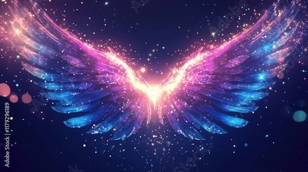 Fototapeta Neon light wings with rays and sparks