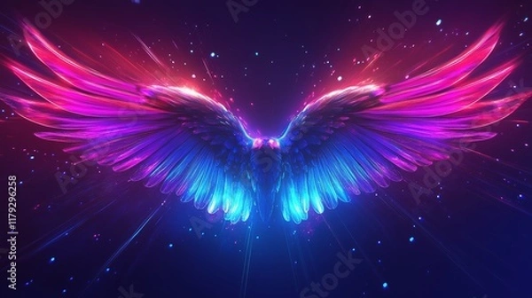 Fototapeta Neon light wings with rays and sparks