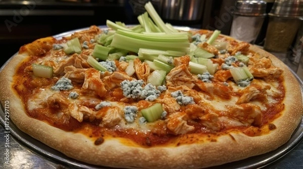 Fototapeta A pizza topped with buffalo chicken, blue cheese crumbles, and celery.