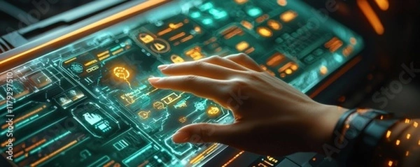 Fototapeta Hand touching digital eco-friendly glowing dashboard.