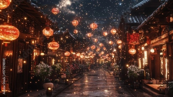 Fototapeta A quaint urban street illuminated by soft lanterns and overhead stars.