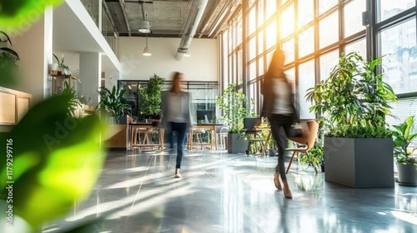 Fototapeta Blurred background of people walking in a modern, eco-friendly office space with natural light and greenery – highlighting sustainability, innovation and a responsible work environment.