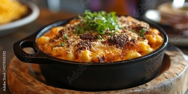 Obraz BBQ Side of Creamy Melted Mac and Cheese Served in a Cast Iron Bowl, Perfectly Plated for a Delicious BBQ Experience Featuring Mouthwatering Mac and Cheese.