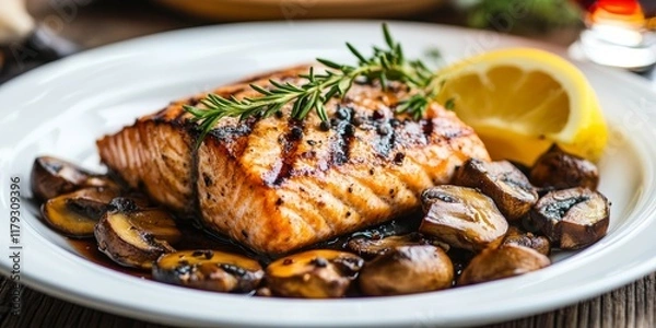 Fototapeta Grilled salmon paired with mustard, complemented by crimini mushrooms sauteed in red wine for a delicious and flavorful dish showcasing the vibrant tastes of grilled salmon.