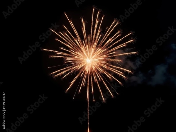 Fototapeta Bright gold fireworks exploding in the dark night sky