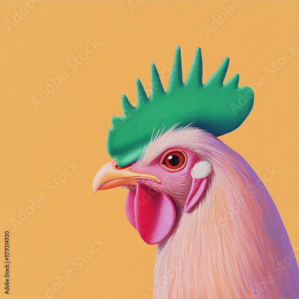 Obraz Colorful rooster with green feather on head against yellow background