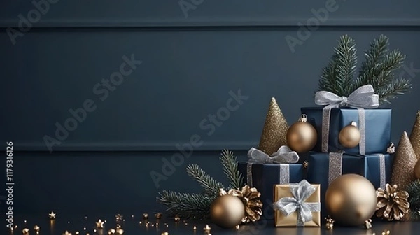 Fototapeta Christmas scene features golden baubles and gift boxes with silver ribbons against navy blue background, complemented by metallic ornaments and scattered gold stars.
