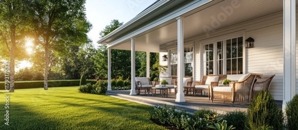 Fototapeta Tranquil suburban home with large porch, inviting furniture, and lush green lawn.