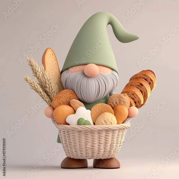 Obraz whimsical gnome holds basket filled with various baked goods