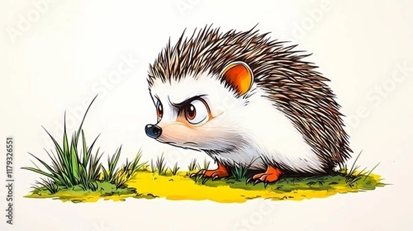Fototapeta Wild hedgehog peeking out from tall grass in a quiet meadow, a serene nature backdrop with soft hues, style comic book