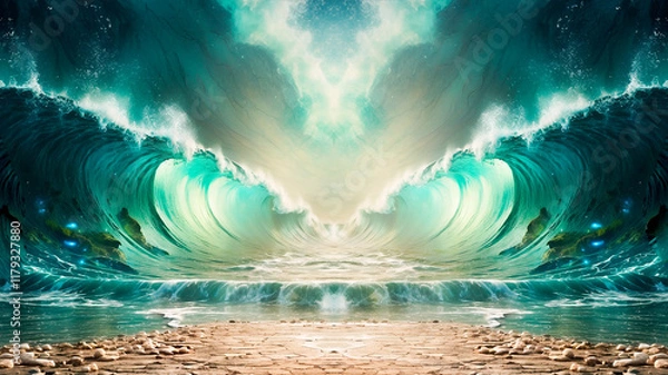 Fototapeta Biblical illustration of the parting of the Red Sea by Moses for the Hebrew people to cross